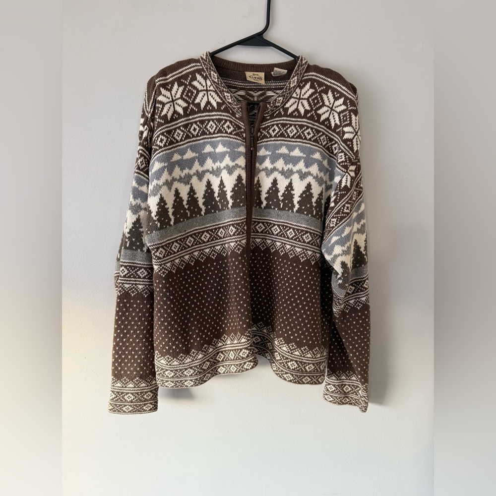 VTG Fair Isle Nordic Pattern Funky Sweater Cardigan Brown Blue Christmas Tree L